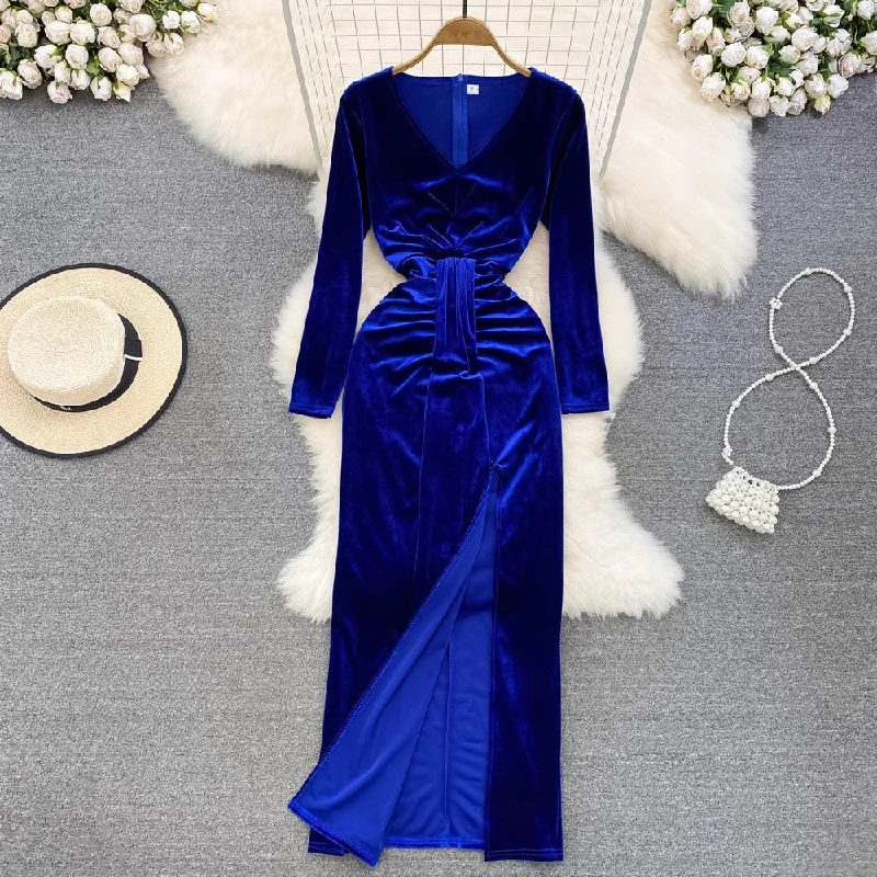 Maxi dress with formal elegance-velvet dress v-neck long skirt     S4326