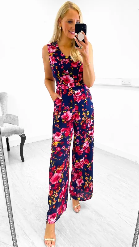 Cocktail dress with retro vibe-4-A1707 Alesha Navy Floral Jumpsuit