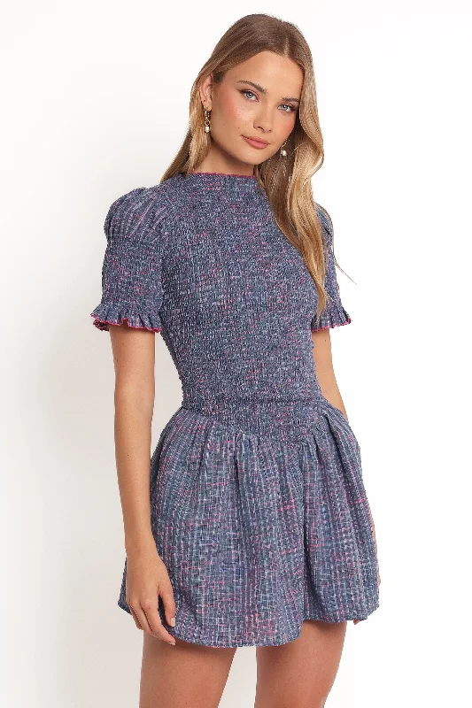 Mini dress with empire waist-Celine Mini Dress - Navy Plaid