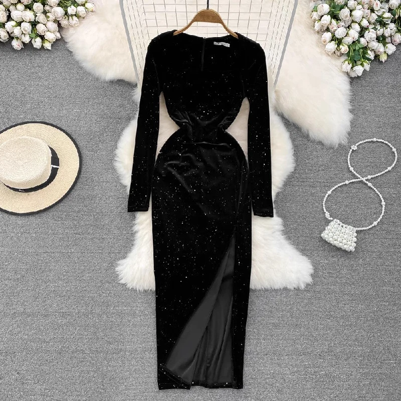 Maxi dress with classic stripes-square neck velvet dress sexy high slit sparkling dress long skirt      S4139