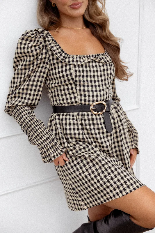 Mini dress with button front-Xenia Mini Dress - Black/Beige Gingham