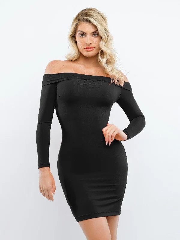 Mini dress with lace-up front-Shapewear Long Sleeve Off-the-Shoulder Bodycon Mini Dress