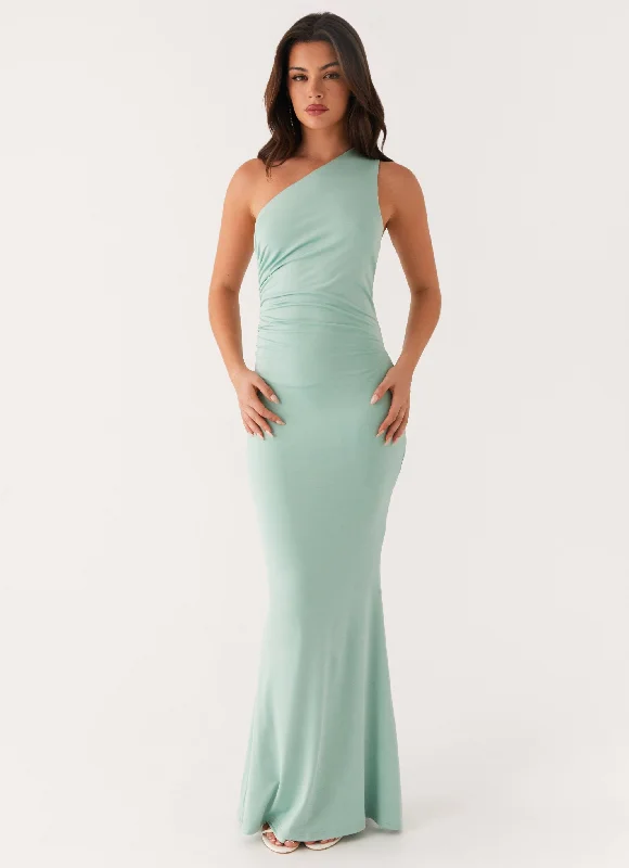 Maxi dress for beach vacation-Imagine This One Shoulder Maxi Dress - Mint