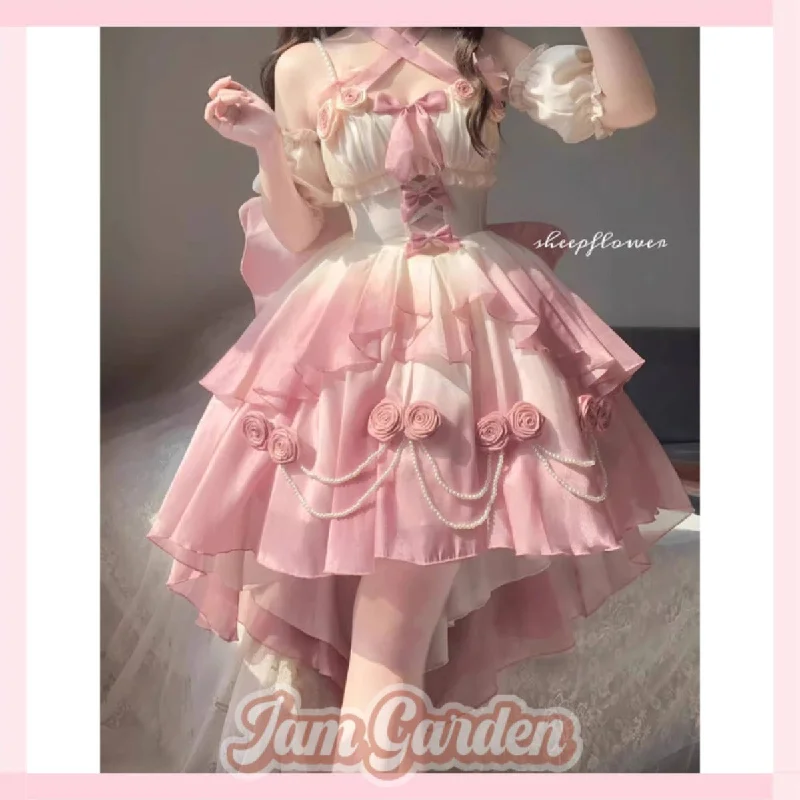 Maxi dress with casual chic-Gradient pink hollow front short back long lolita tail princess dress