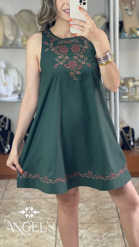 Mini dress with plunging neckline-Hunter Green Sleeveless Mini Dress