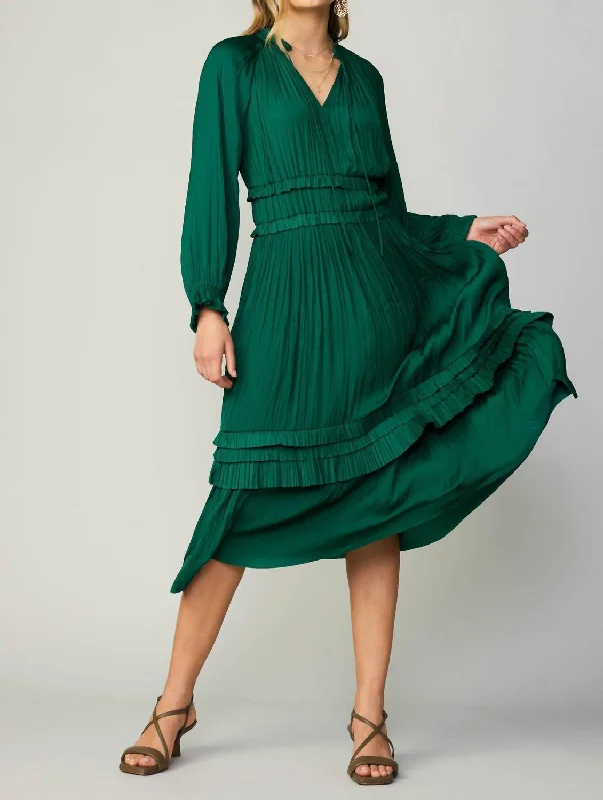 Midi dress with button front-Leia Pleated Midi Dress In Emerald