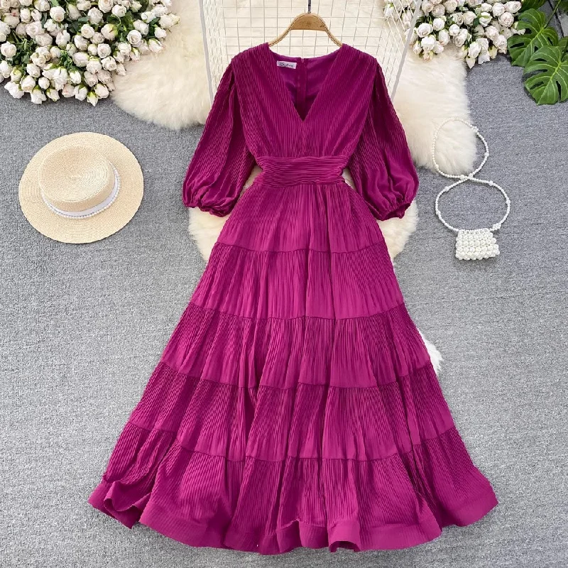 Maxi dress for cocktail parties-Puff short-sleeved V-neck A-line chiffon dress Elegant long skirt      S4285