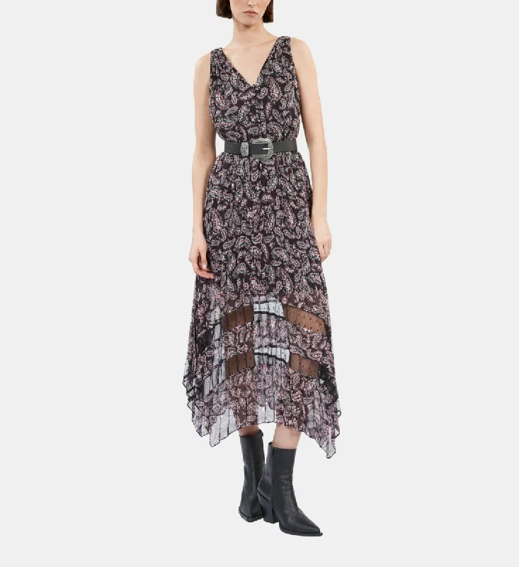 Maxi dress with romantic style-Paisley Print Pleated Long Dress With Mesh Inserts | Women | Black x Pink