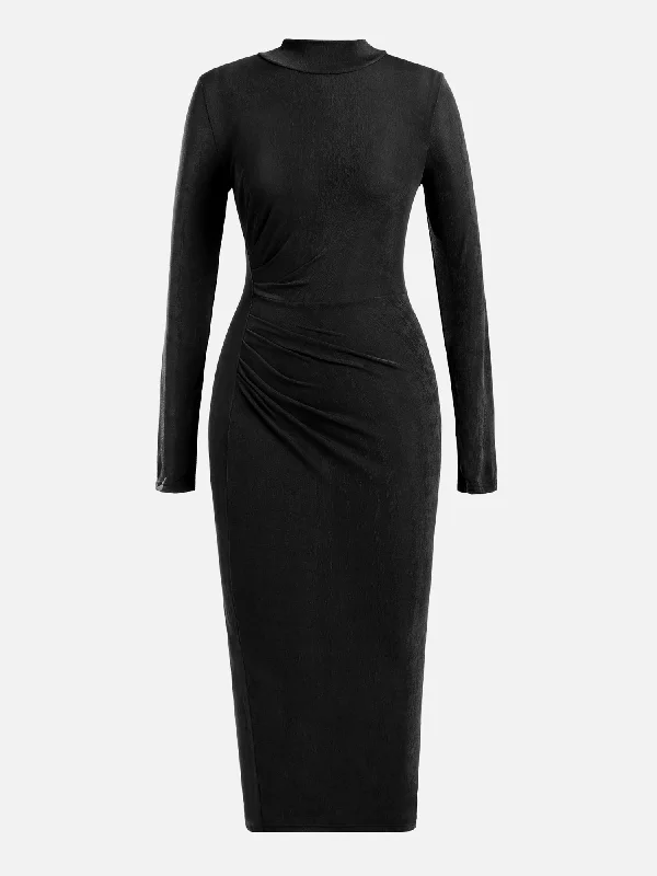 Maxi dress with spaghetti straps-Black Turtleneck Pleated Waist Maxi Dress