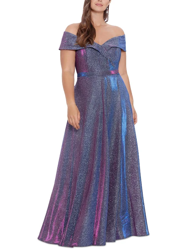 Maxi dress with shimmer fabric-Plus Womens Drapey Maxi Evening Dress