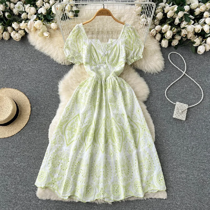 Maxi dress with casual comfort-High Waist Puff Sleeve Long Lace Dress    S4457