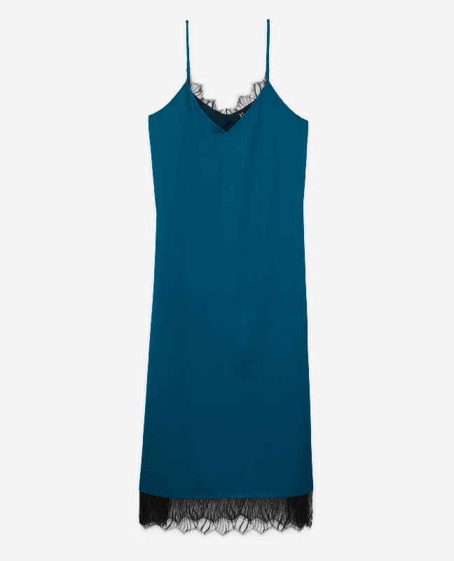 Maxi dress with plunging neckline-Long Slip Dress With Lace Details | Women | Medium Blue