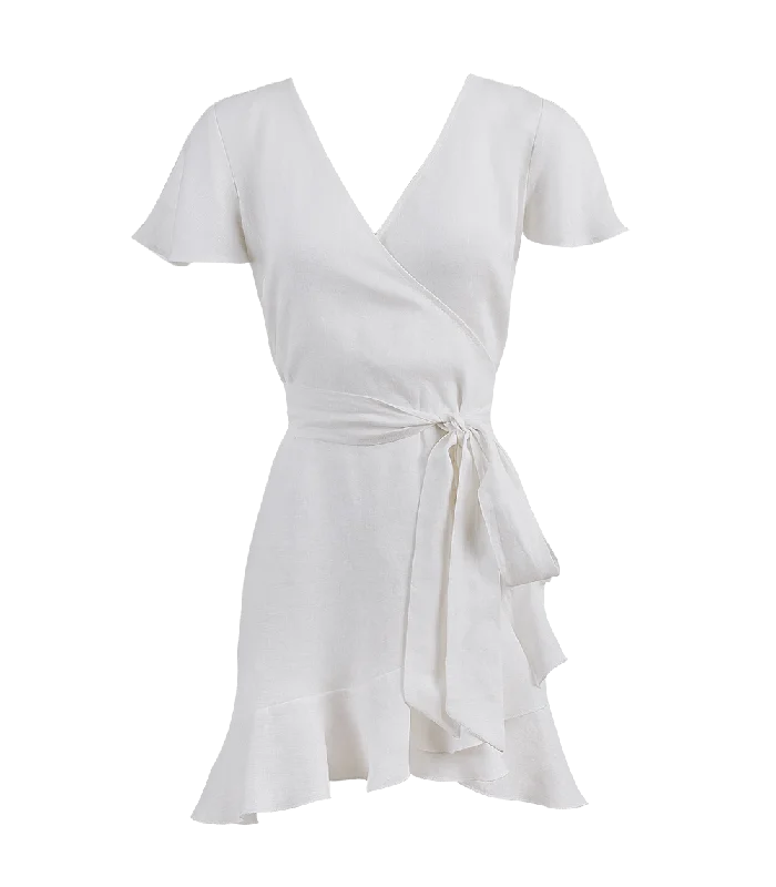 Mini dress with puff sleeves-Amalia Linen Mini Wrap Dress