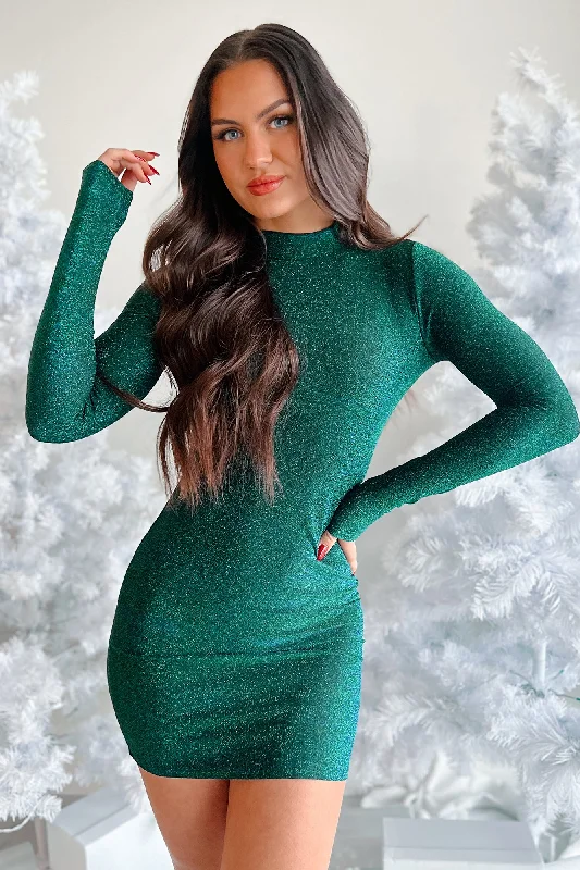 Mini dress with wild prints-Taste Of Perfection Open Back Glittered Mini Dress (Metallic Green)