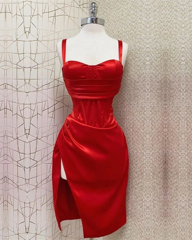 Cocktail dress with metallic sheen-Red Sreaps Sheath Satin Cocktail Dress Short Party Dress, DP4113