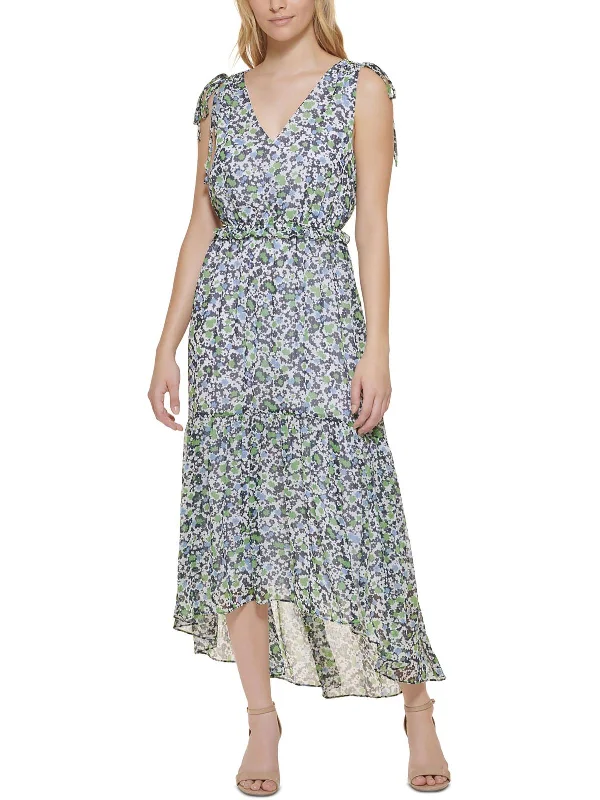 Maxi dress with cowl neck-Womens Floral Prin High Low Maxi Dress