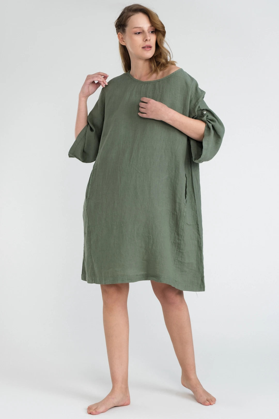 Mini dress with off-shoulder neckline-Linen Oversized Mini Dress Sage Green