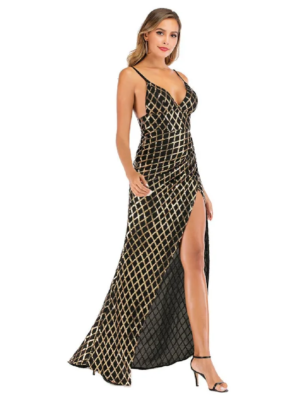 Maxi dress with drawstring waist-TastyHottie - SLING V-NECK BLACK AND GOLD PLAID SEQUINED LONG DRESS