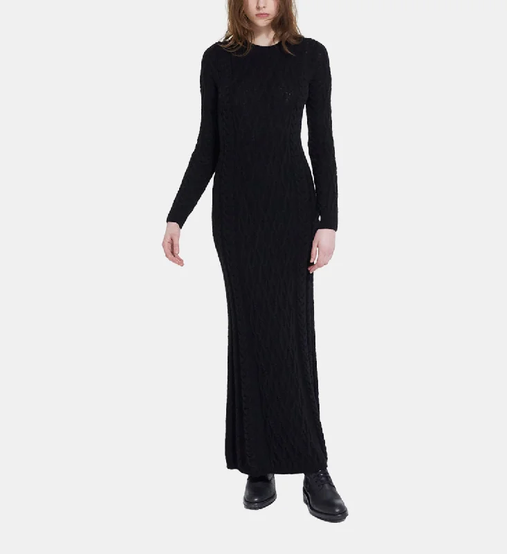 Maxi dress with bow accents-Long Wool Dress | Women | Black