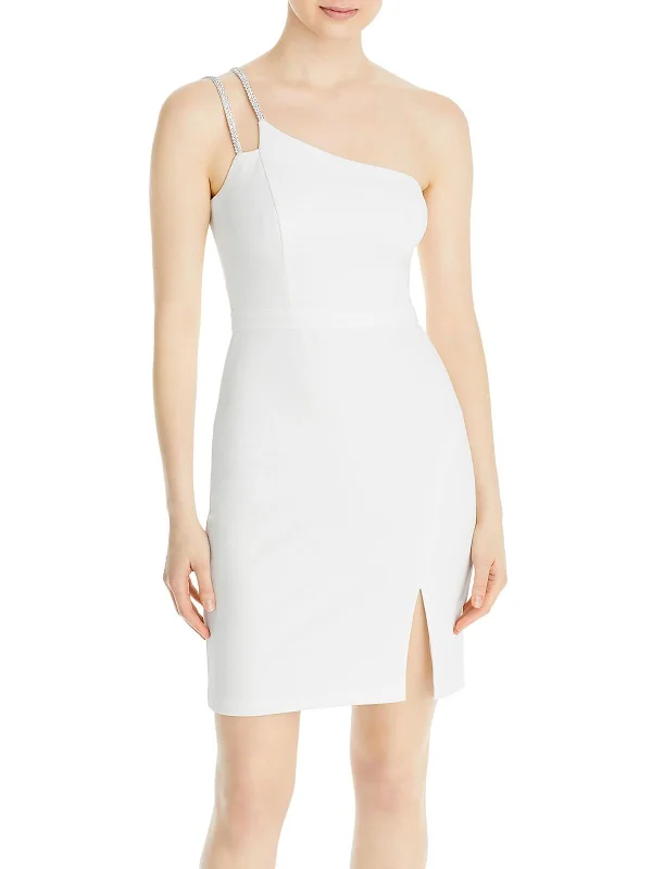 Cocktail dress with illusion sleeves-Womens Embellished One Shoulder Cocktail and Party Dress