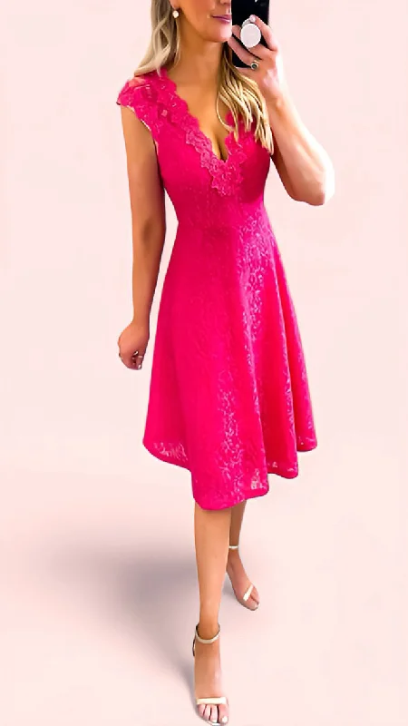 Cocktail dress with side cut-outs-4-A1652 Karen Lace Brocade Flare Dress Fushia