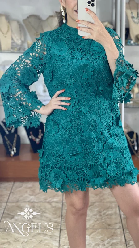 Mini dress with open back-Teal Lace Mini Dress