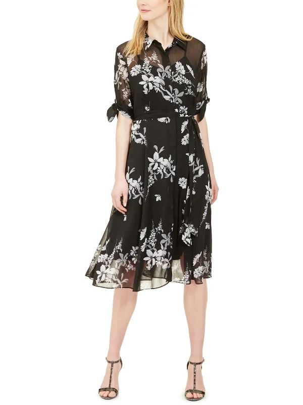 Maxi dress with V-neckline-Womens Floral Long Shirtdress