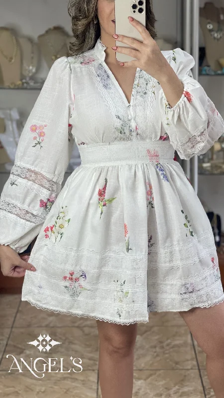 Mini dress with tiered layers-Long Sleeves Floral Mini Dress