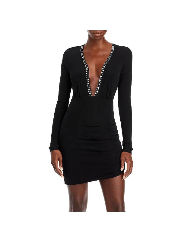 Cocktail dress with open back-Alexi Womens Deep V-Neck Embellished Cocktail and Party Dress