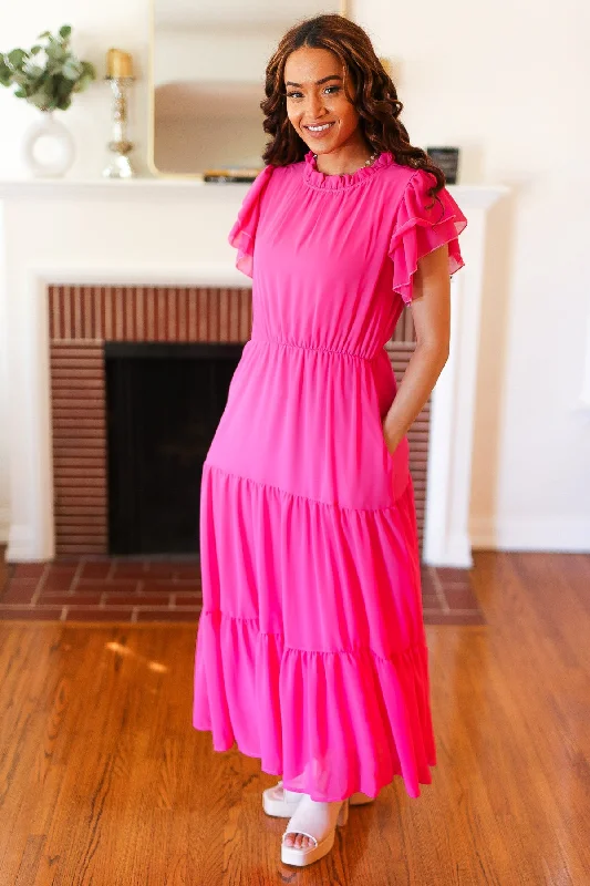 Maxi dress with minimalist design-Perfectly You Hot Pink Mock Neck Tiered Chiffon Maxi Dress