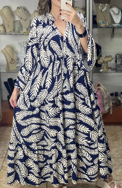 Maxi dress with voluminous sleeves-Navy Leaves OS Maxi Dress