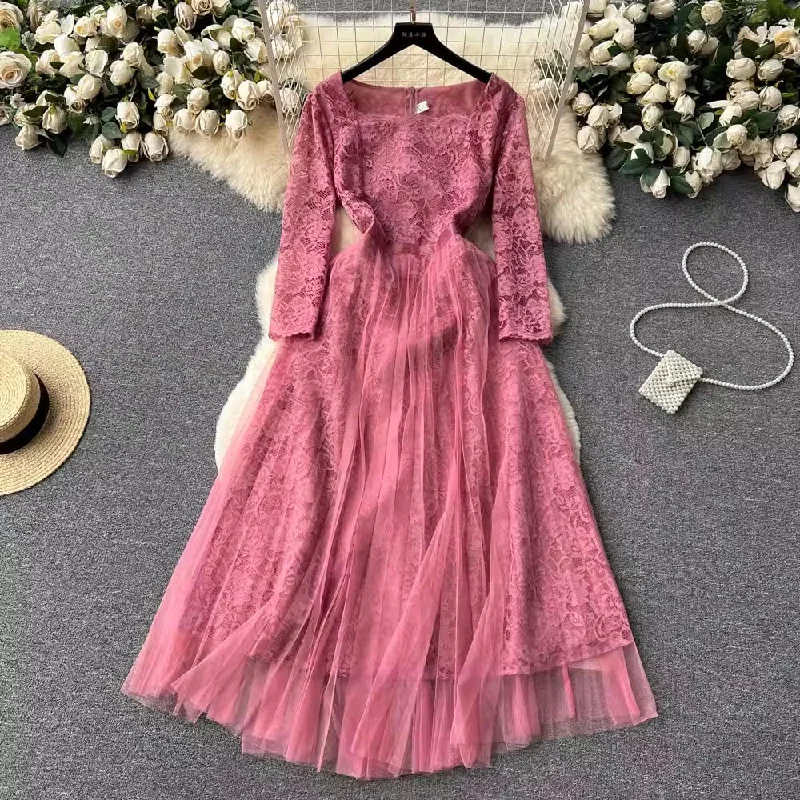 Maxi dress with tie waist-French retro lace dress for women long skirt      S4623