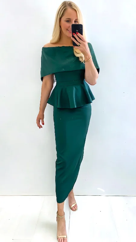 Cocktail dress for parties-4-A1320 Green Peplum Bardot Dress