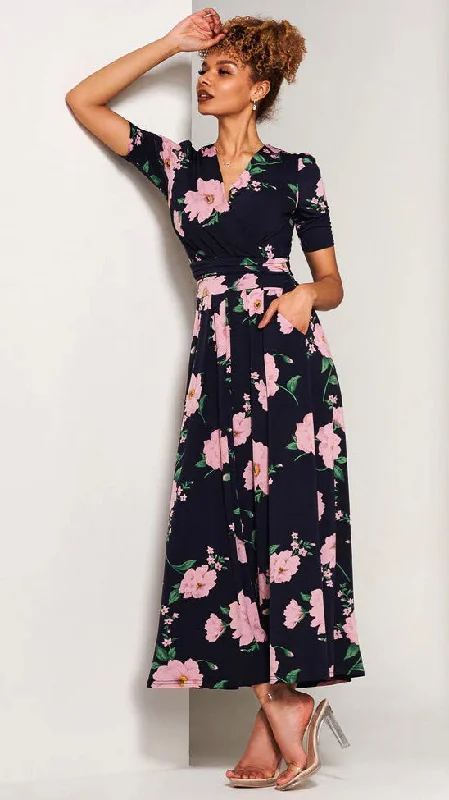 Cocktail dress with high slit-4-A1809 Kenzie Navy Floral Midaxi Dress