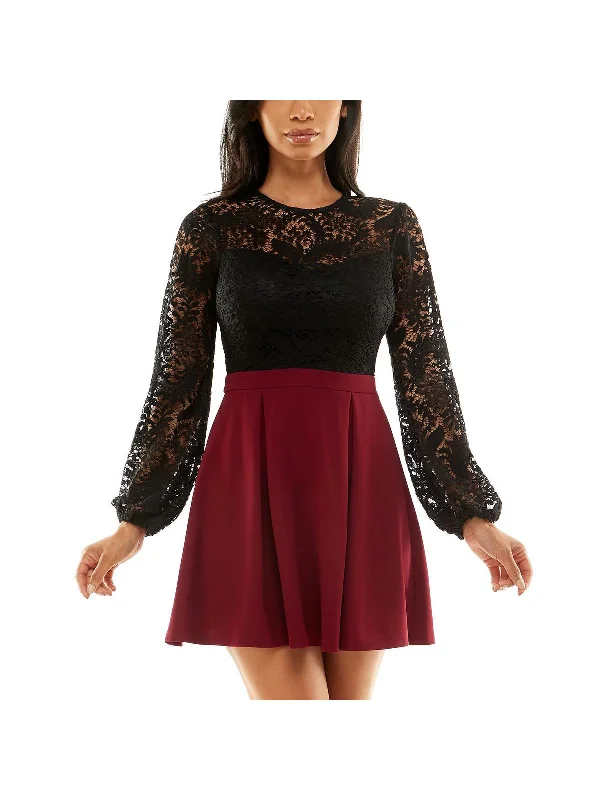 Cocktail dress with pleated skirt-Juniors Womens Lace Colorblock Cocktail and Party Dress