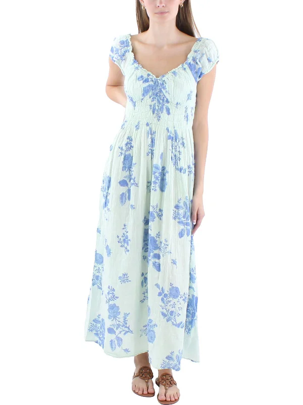 Midi dress with chic design-Womens Floral Print Cotton Midi Dress