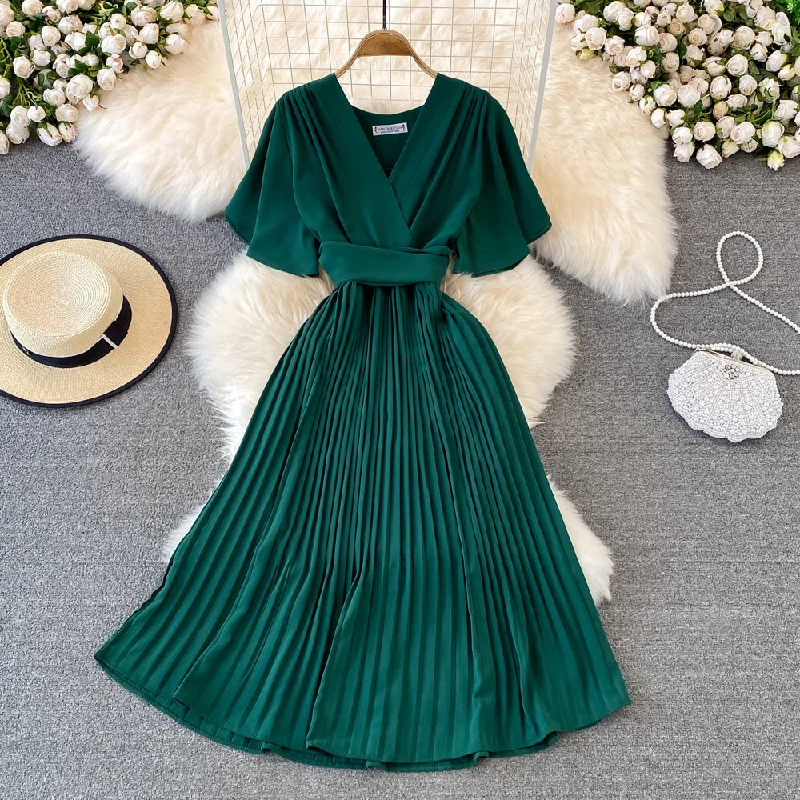 Maxi dress with button front-V-neck Short-sleeved Dress Over The Knee Lace-up Pleated Long Dress      S4465