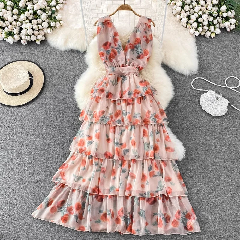 Maxi dress with funky flair-Floral Long Skirt Sweet Sleeveless A-Line Chiffon Dress     S4323