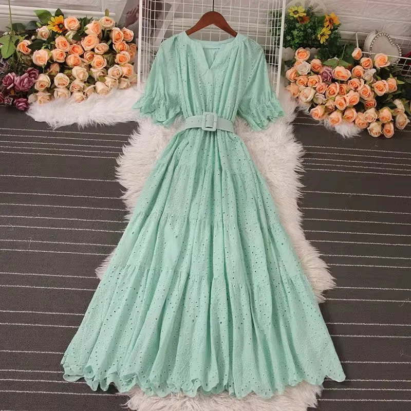 Maxi dress with illusion sleeves-V-neck Puff Sleeve Dress Summer New Style Fashionable Long Skirt    S5040