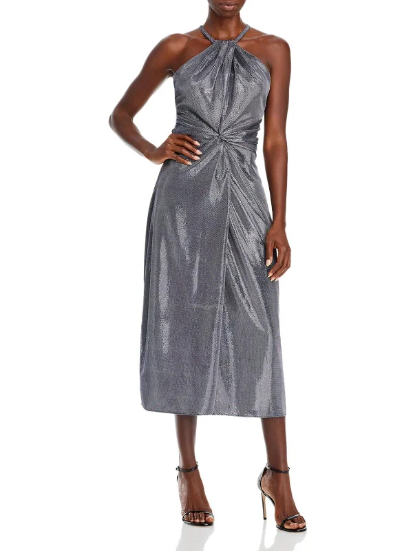 Cocktail dress with ruffles-Dina Womens Metallic Halter Cocktail and Party Dress