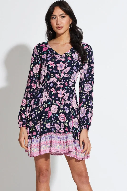 Mini dress with floral print-Boho Print Mini Dress Long Sleeve V Neck