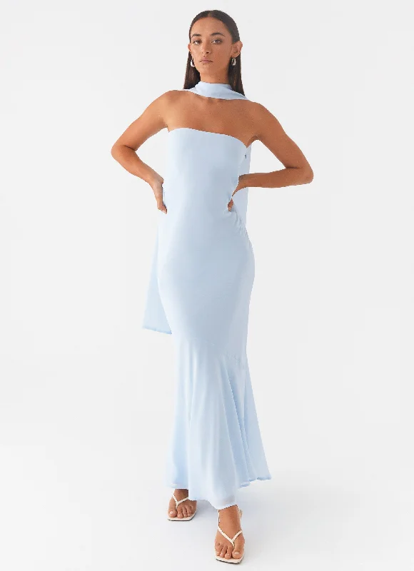 Maxi dress with pleated skirt-Under The Pagoda Maxi Dress - Blue