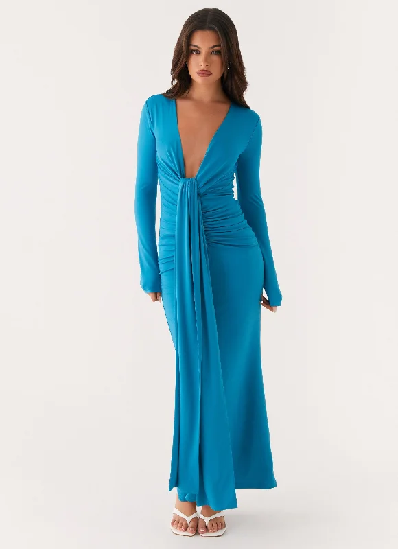 Maxi dress with velvet texture-Miesha Long Sleeve Maxi Dress - Blue