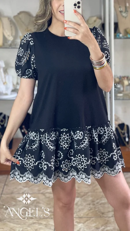 Mini dress with polka dots-Black Eyelet Mini Dress