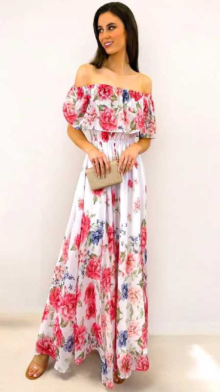 Maxi dress with lace details-4-A1756 Azka Floral Bardot Maxi Dress