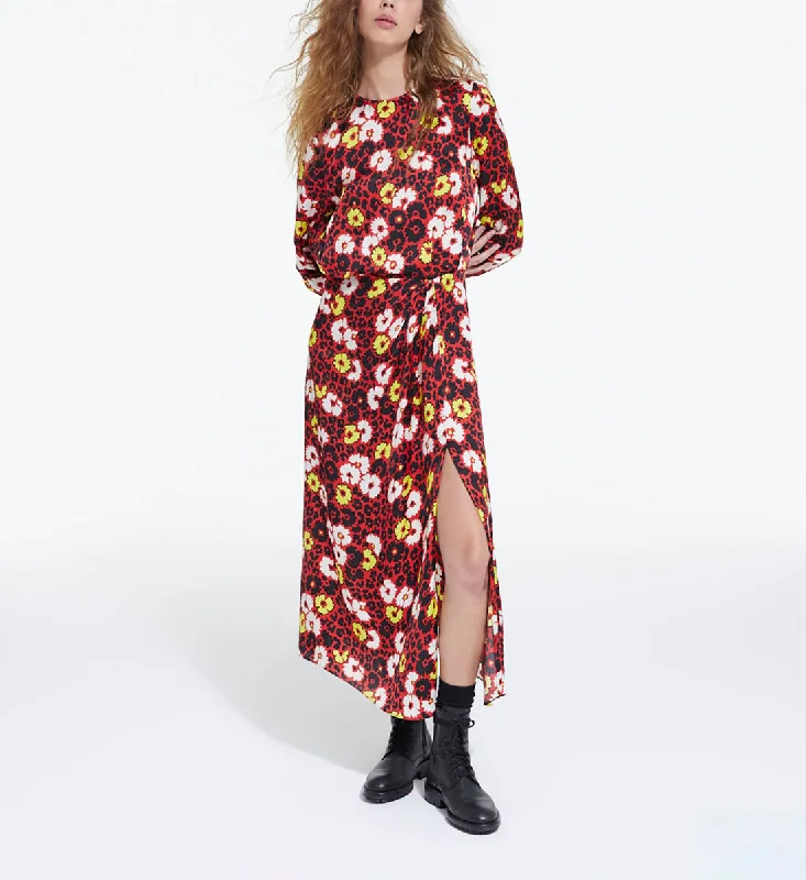 Maxi dress with animal motifs-Floral Print Long Dress | Women | Red x Yellow