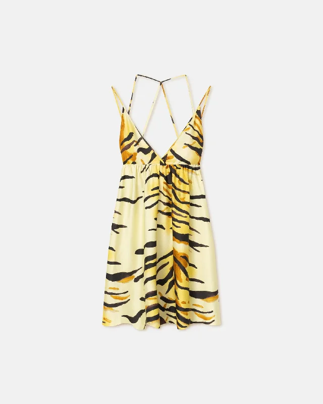 Mini dress with cold shoulder-Ceil - Printed Silk Twill Mini Dress - Tiger