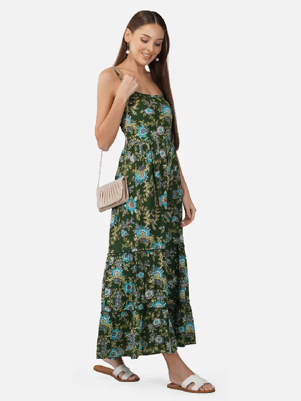 Maxi dress for beach vacation-Porsorte Womens Tropical Green Printed Long Strappy Casual Dress