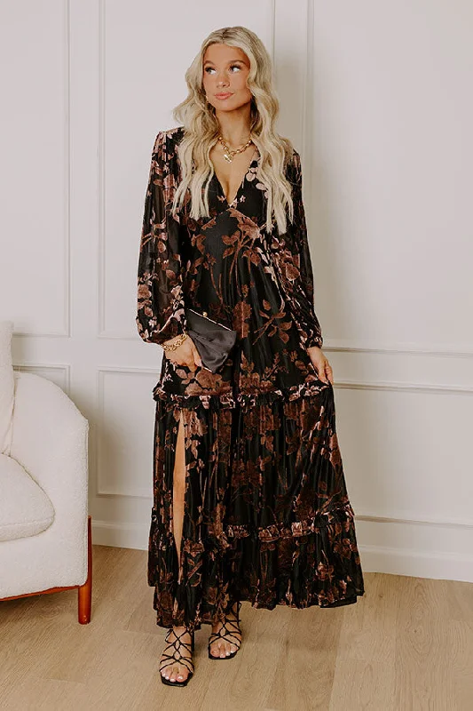 Maxi dress with romantic style-Moonlit Rendezvous Velvet Burnout Maxi Dress in Black