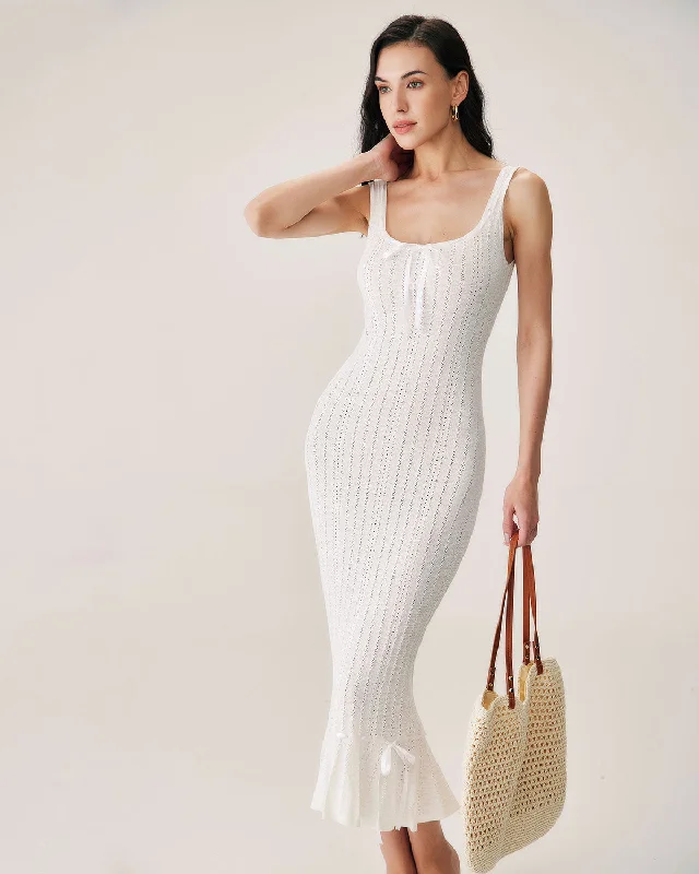 Maxi dress with bohemian vibes-White Mermaid Knit Maxi Dress